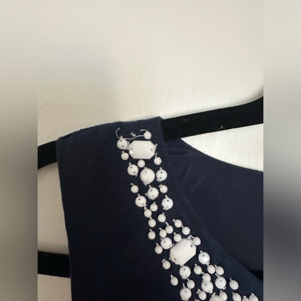 Charter Club Petite 100% Linen Sheath Dress Navy Beaded Trim Lined Sleeveless - Picture 5 of 5
